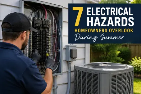 Electrician inspecting a home's electrical panel and air conditioning system as part of a summer electrical safety evaluation.