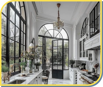 white kitchen with marble floors and curved windows